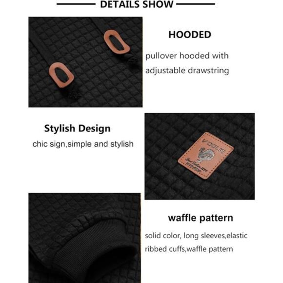 Mens Hooded Sweatshirt Casual Long Sleeve Drawstring‎ Waffle Knit Pullover Shirt - Picture 4 of 6